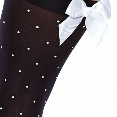 New Women's Opaque White Polka Dot Black Thigh High Stockings With Bow
