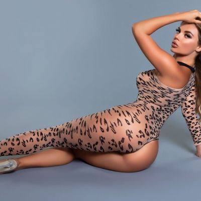 sexy BE WICKED leopard ONE leg SLEEVE asymmetrical FOOTLESS sheer BODY stocking