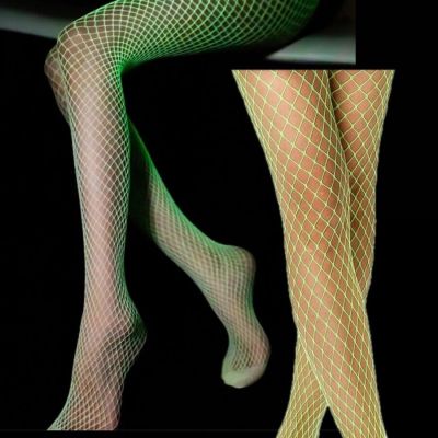 Neon Green Fishnet Tights Festival Dance Rave Fashion Hoisery Glow One Size NEW