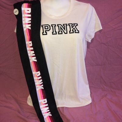 Victoria Secret PINK Everyday White Tee Bright Neon Rainbow Legging Set M L  New