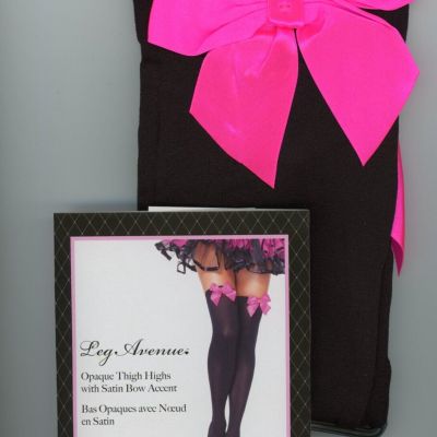 Opaque Thigh High Black Stockings Pink Satin Bows Adult One Size Leg Avenue 6255