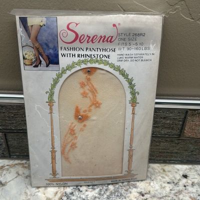 Vtg Serena Fashion Pantyhose With Rhinestone Floral Design Butterfly OS Peach