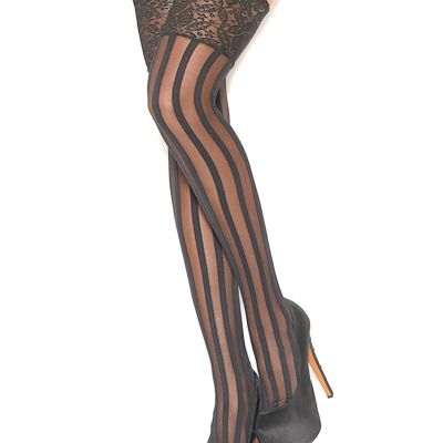 Womens Striped Thigh Highs Black Wide Lace Top One Size Stockings
