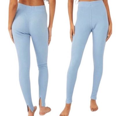 Free People Early Night Cotton Waffle Knit Thermal Leggings In Baby Blue.