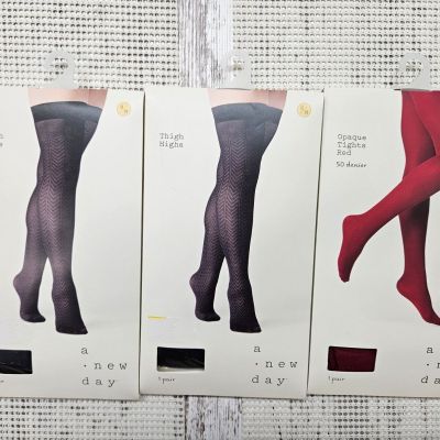 3 Pack A New Day Women's Thigh Highs, 50d Opaque Tights Small/Medium Black & Red