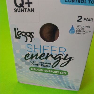 Leggs Sheer Energy Control Top Q+ Suntan  Medium Support Leg 2 Pair Sheer Tights