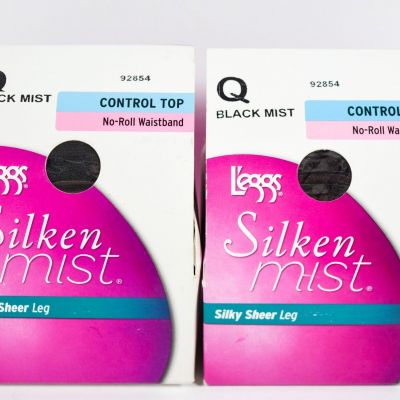 2 L'eggs Silken Mist Sheer Leg Control Top No Roll Waistband BLACK MIST Size Q