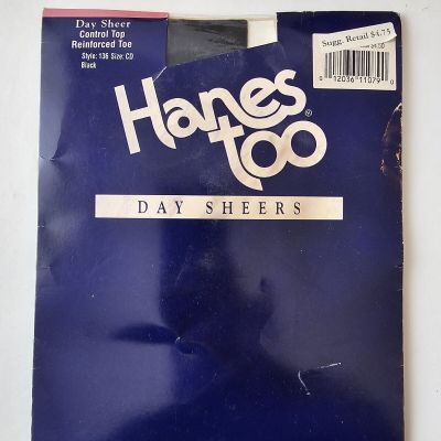 Hanes Too Day Sheer Pantyhose Size CD Black Control Top Reinforced Toe