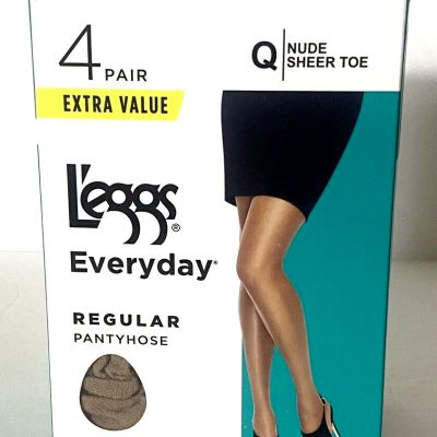 Leggs Everyday Regular Pantyhose Size Q Nude 4 Pair Sheer Toe - NEW