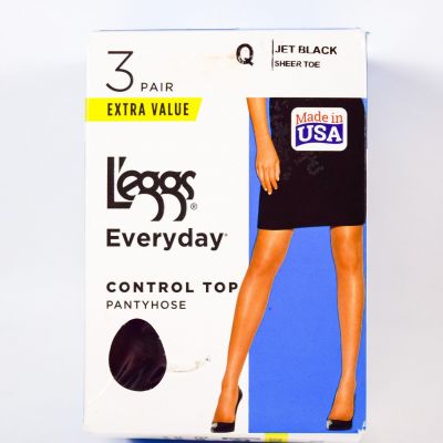 L'eggs Everyday 3 Pair Control Top Sheer Leg Sheer Toe JET BLACK Size Q #43192