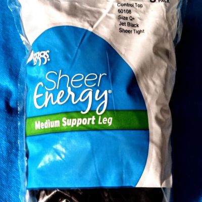 L'eggs Sheer Energy Control Top Medium Support Leg/Size Q+/3 Pair/Black/New