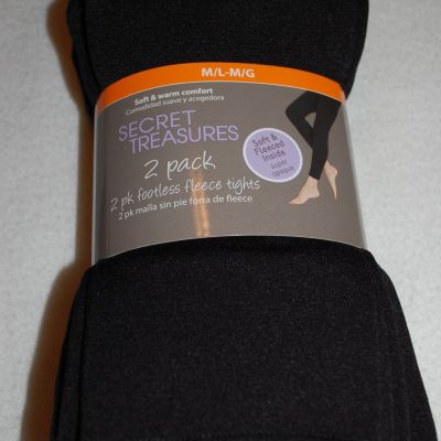 Womens 2 PAIR FOOTLESS TIGHTS Fleece Lined SOLID BLACK Soft & Warm SIZE M-L