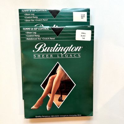 Burlington Pantyhose Sheer Legacy Black Control Sheer Toe NOS Lot 2 USA Size S