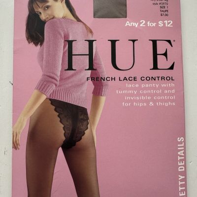 Hue French Lace Control Top Very Sheer Leg Pantyhose  Size 1 TAUPE