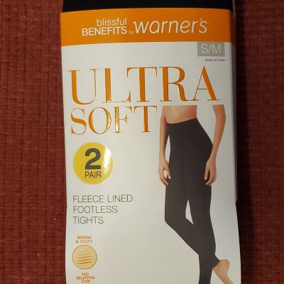 NEW!! CLEARANCE !! warner's ULTRA SOFT FLEECE LINED FOOTLESS TIGHTS, 2PK, BLACK