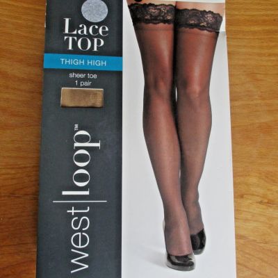 NEW West Loop Womens Size S/M Beige Mist Lace Top Sheer Toe Thigh High Stocking
