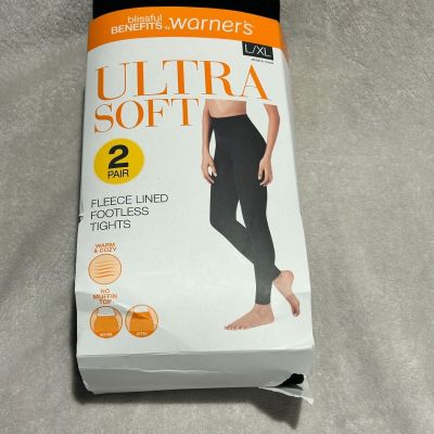 2 Pair Warner Womens L/XL Black Ultra Soft Fleece Lined Footless Tights