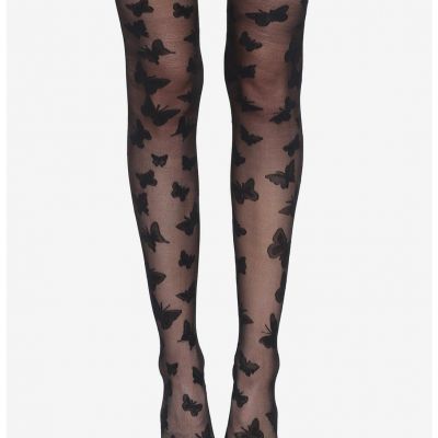 HOT TOPIC FASHION SHEER BLACK WOVEN FLOCKED BUTTERFLY TIGHTS PANTYHOSE O/S NWT
