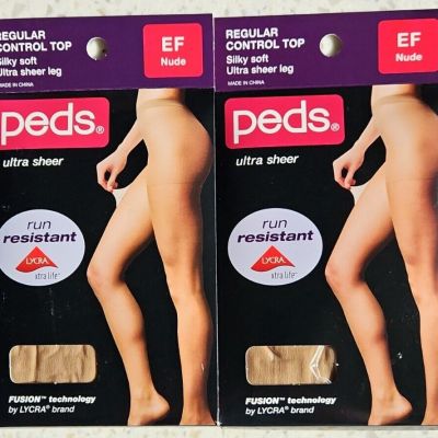 2 Pair Peds Regular Control Top Pantyhose Silky Soft Ultra Sheer Leg Sz EF Nude