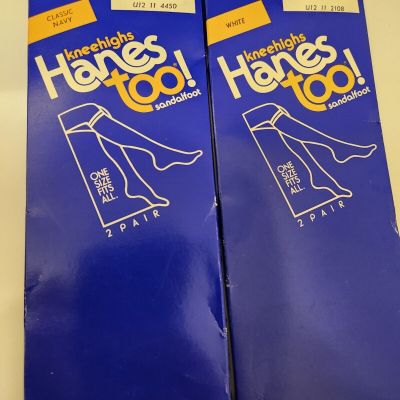 Hanes Too Knee Highs 2 Pack 4 Pair White&Navy Sandalfoot Sheer Pantyhose 1 Size