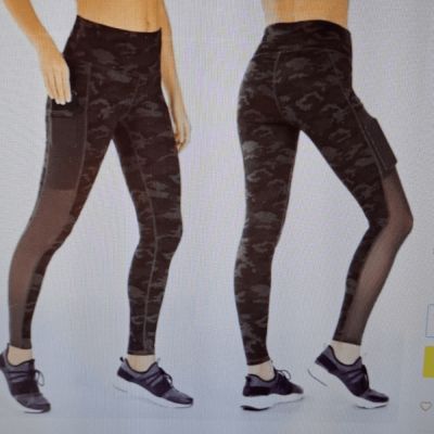 Fabletics Women’s Leggings Powerhold Gray Black Camo Sheer Media Pockets Size XL