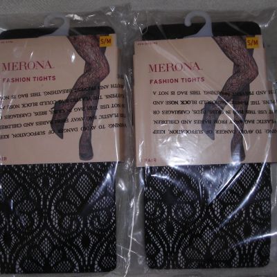 2 New Retro Burlesque PinUp Merona Black Sheer Floral Premium Fashion Tights S/M
