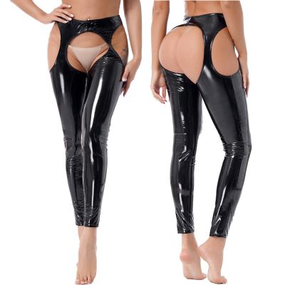 US Women's Trousers Wet Look PVC Leather Hollow Out Stretchy Tights Pants Long