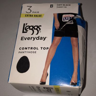 Leggs Everyday 3 Pair Control Top Sheer Leg Sheer Toe OFF BLACK Size B Open Box