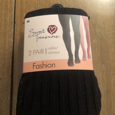 Secret Treasures Women's Girls  black cable and Pink opaque 2pk tights. Size M