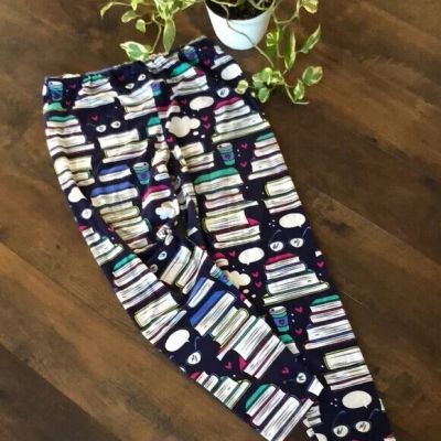 FABULEGS SZ XL stretchy book lovers library themed in navy blue leggings pants