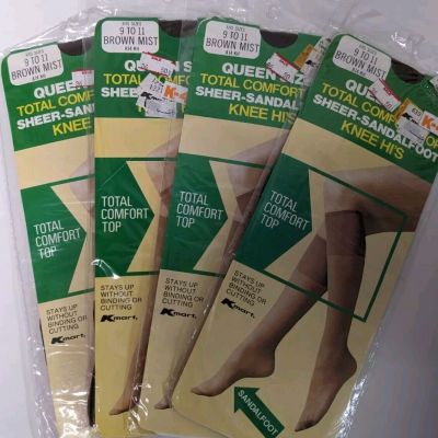 Vtg Kmart Queen Size Sheer Knee Hi Stockings Comfort Top Sandalfoot Brown Mist
