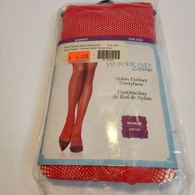 Ladies One Size Adult Wonderland Solid Red Nylon Fishnet Pantyhose Stockings