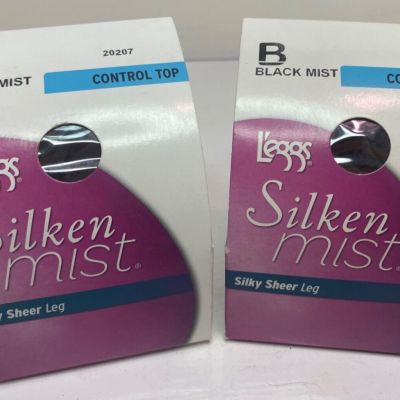 (2)L'eggs Silken Mist Silky Sheer Leg Control Top Tights/Hosiery Black Mist Med.