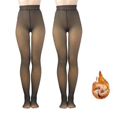 2 Pairs Fleece Lined Tights for Women, Opaque Warm Pantyhose Large Fake Black