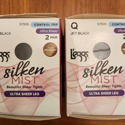 Leggs Silken Mist 4 PAIR JET BLACK Q Control Top Ultra Sheer Pantyhose 10 Denier