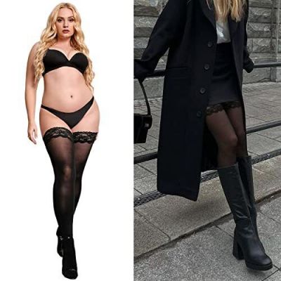 MANZI Plus Size Thigh High Stockings 2 Pairs Lace Top Pantyhose for Women 2 P...