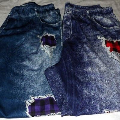 PLUS Womens Lot of 2 Faux DENIM LOOK Distressed Look Stretch LEGGINGS Size 6X