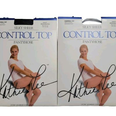 2 Kathie Lee Silky Sheer Control Top Pantyhose-Navy-Med. Tall to 69