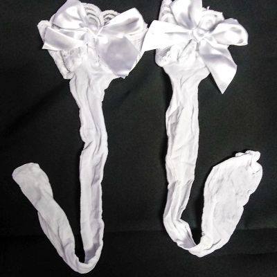 Stockings Thigh High White Sheer Nylon Lace Top Stockings W/ Satin Bow OS Reg