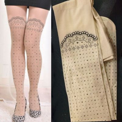 Sheer Beige Nude Pantyhose Faux Tattoo Floral Garter Polka Dot Heart Tights OS
