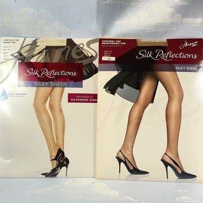 Hanes Silk Reflections Control Top Pantyhose Size E/F Pearl & Natural Lot of 2