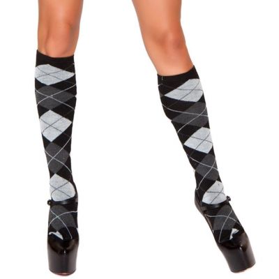 Gray Argyle Knee High Stockings Socks Hosiery Black Grey School Girl STC108