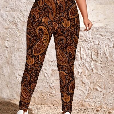Elegant Plus Size Paisley Print Leggings - Stretchy, High-Waist, Machine
