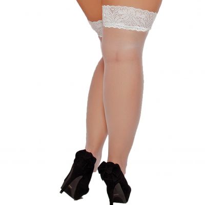 Plus Size Sheer White Nylon Thigh High Stockings With Lace Top ( 10302x-W)