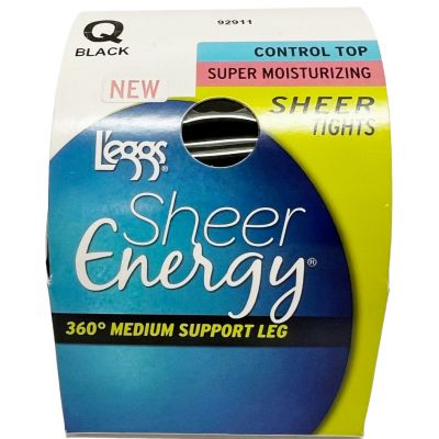 L'eggs Sheer Energy Control Top Pantyhose Tights, Moisturizing, Size Q, BLACK