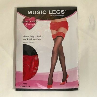 NIP Music Legs Sheer Black Thigh High Stockings w/Red Lace Up Top. One Size