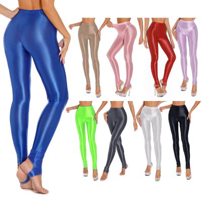 US Women Shiny Pants Oil Glossy Tights Smooth Sweatpants Stretchy Yoga Sportwear