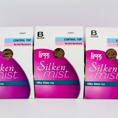 3 L'eggs Silken Mist Control Top No-Roll Waistband NUDE Women's Pantyhose Sz B