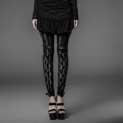 Punk Rave Black Gothic Women's Sheer Floral Lace Stretch Cotton Leggings