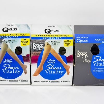 3 L'eggs Sheer Vitality Control Top Light Support Leg JET BLACK Tights Size Q+